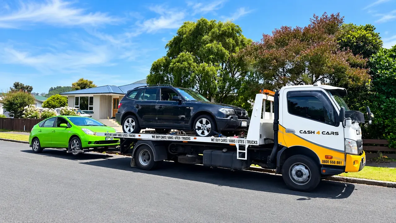 Cash 4 Cars tow truck collecting a car from a suburban Auckland street