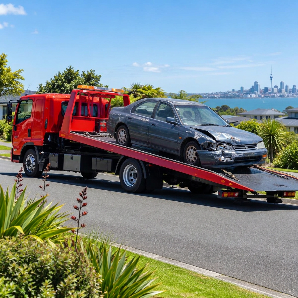 Damaged vehicle ready for collection by a flatbed truck